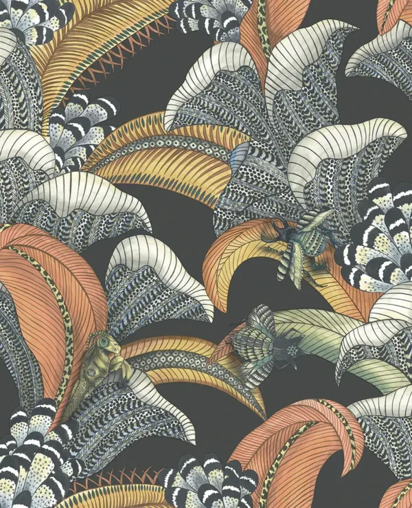 Hoopoe Leaves, Terracotta, Ochre & Ice Blue on Charcoal - Cole & Son