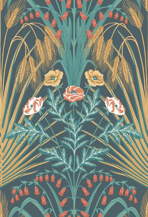 Bluebell, Viridian, Metallic Gold & Coral on Dark Viridian - Cole & Son