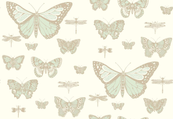 Butterflies & Dragonflies, Duck Egg & Metallic Gilver on Pale Cream - Cole & Son