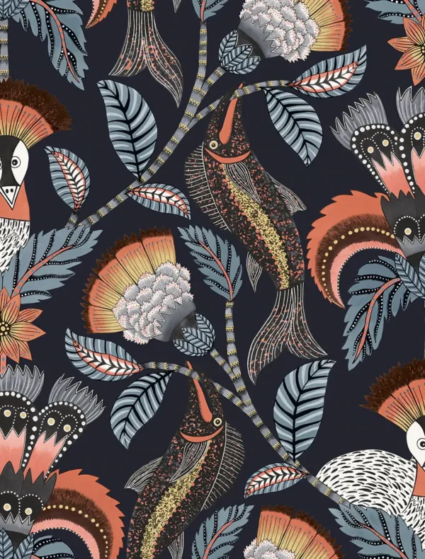 Nene, Terracotta, Cerulean Blue & Heath Grey on Midnight - Cole & Son