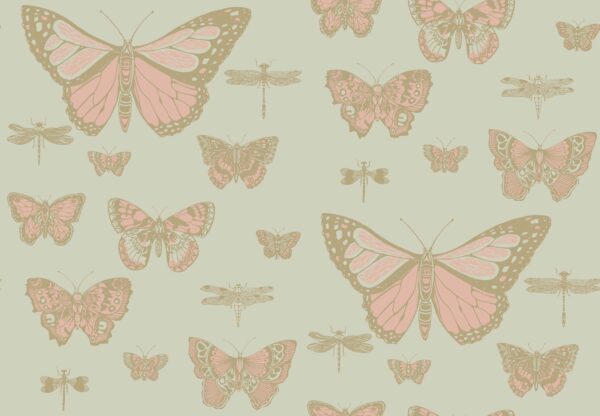Butterflies & Dragonflies, Alabaster & Metallic Gold on Eau Du Nil - Cole & Son