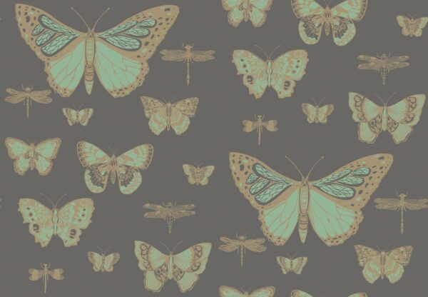 Butterflies & Dragonflies, Viridian & Metallic Gold on Charcoal - Cole & Son